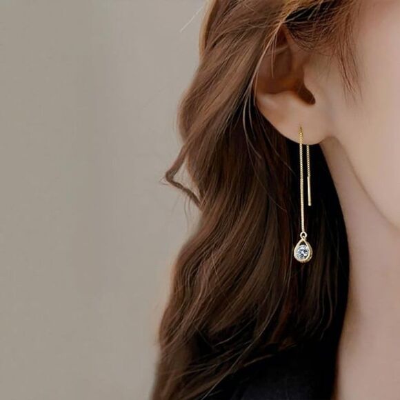 Gold 925 Sterling Silver Threader Earrings CZ Droplet Chain Dangle Earrings Gift - Picture 2 of 6